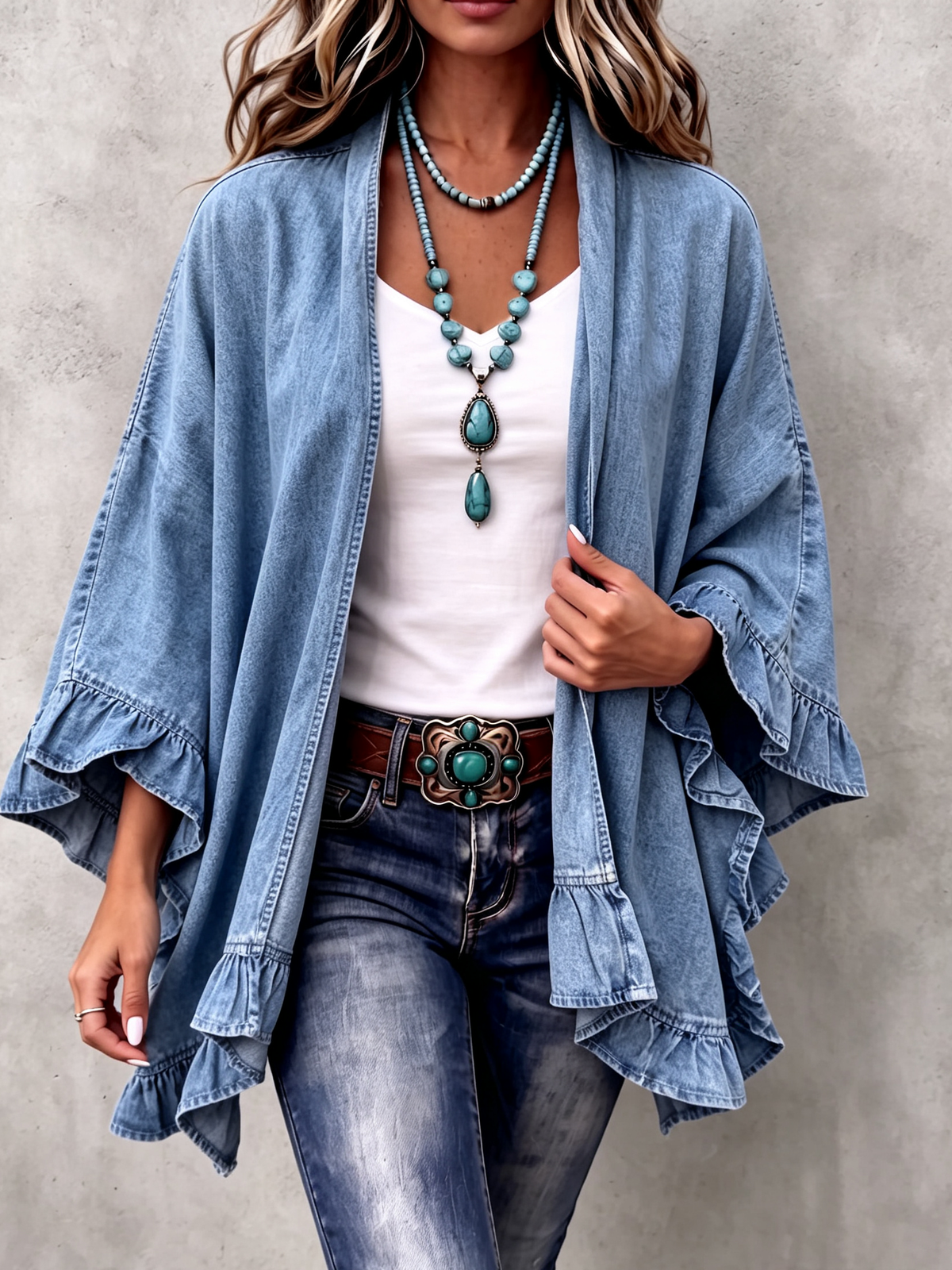 Corinne | Cardigan in Denim con Rouches Boho