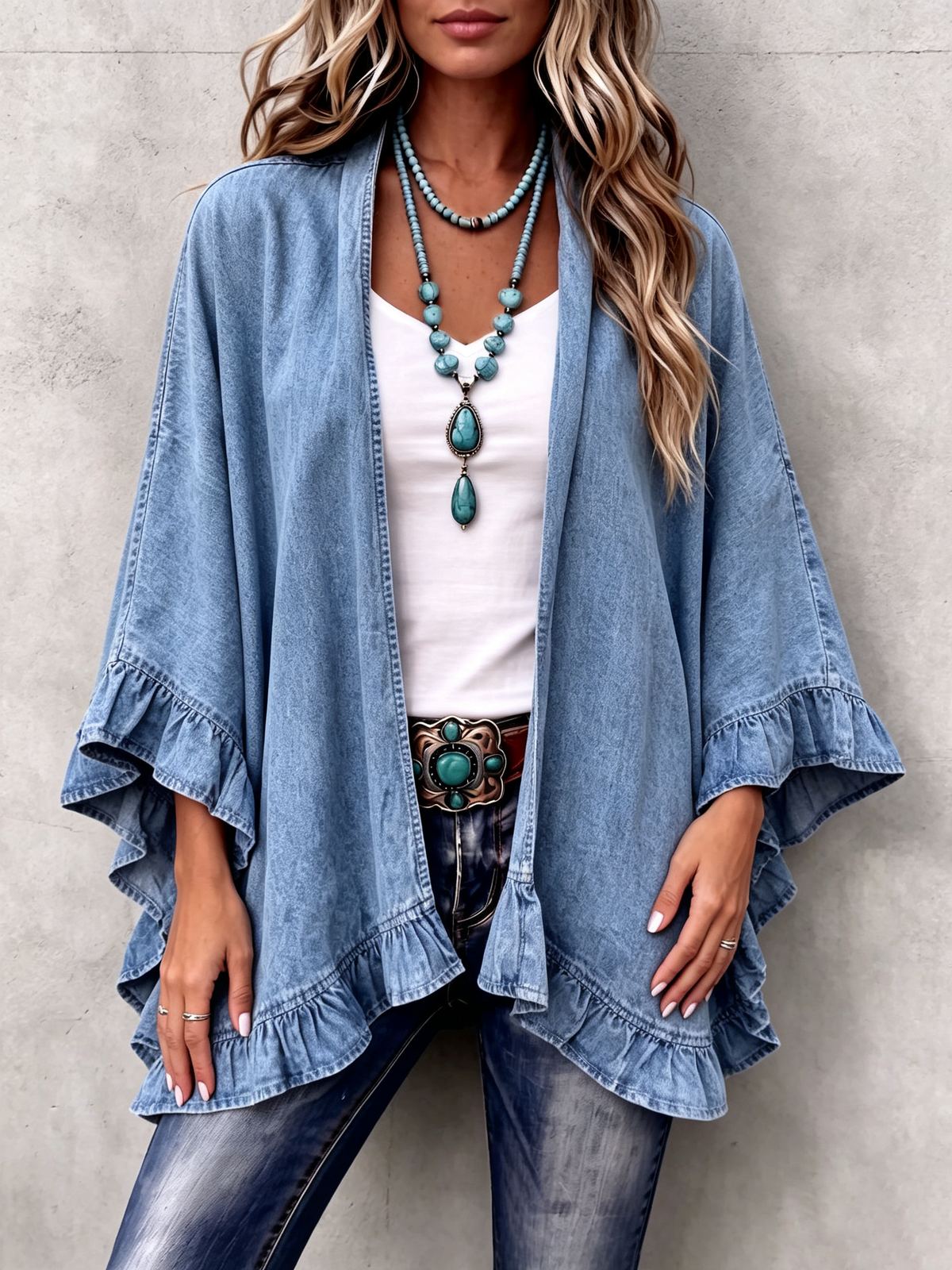 Corinne | Cardigan in Denim con Rouches Boho