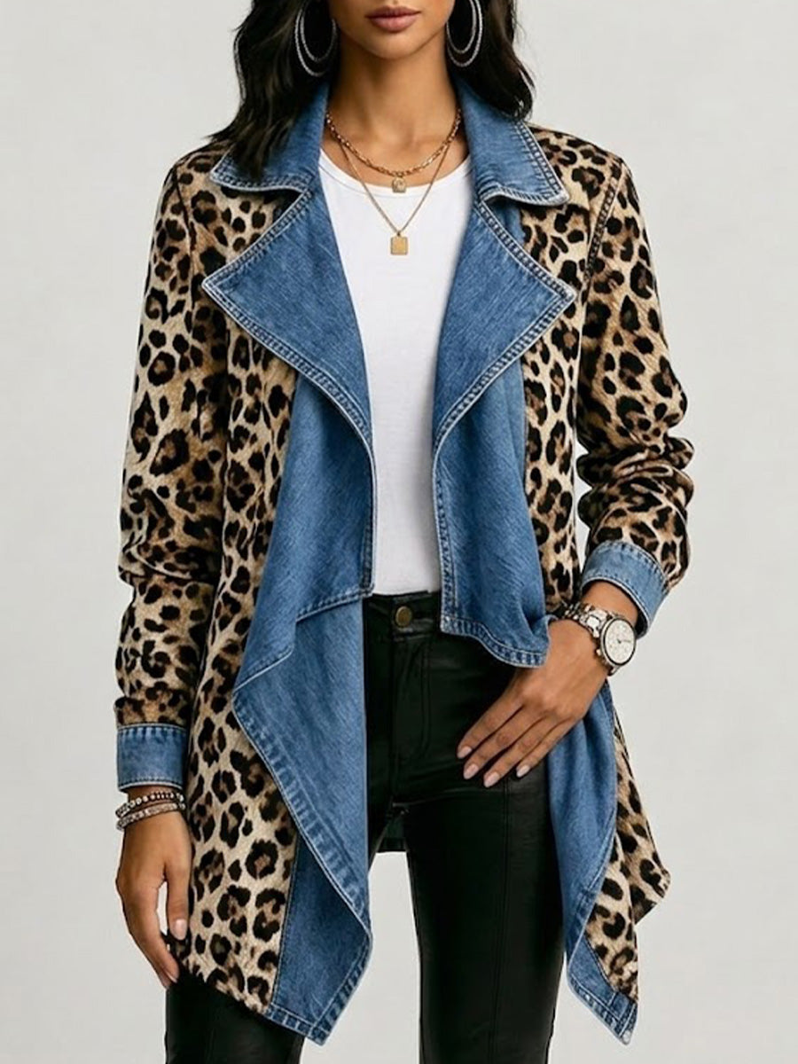 Sherilyn | Giacca a Metà Lunghezza con Stampa Leopardata e Pannelli in Denim Lavato