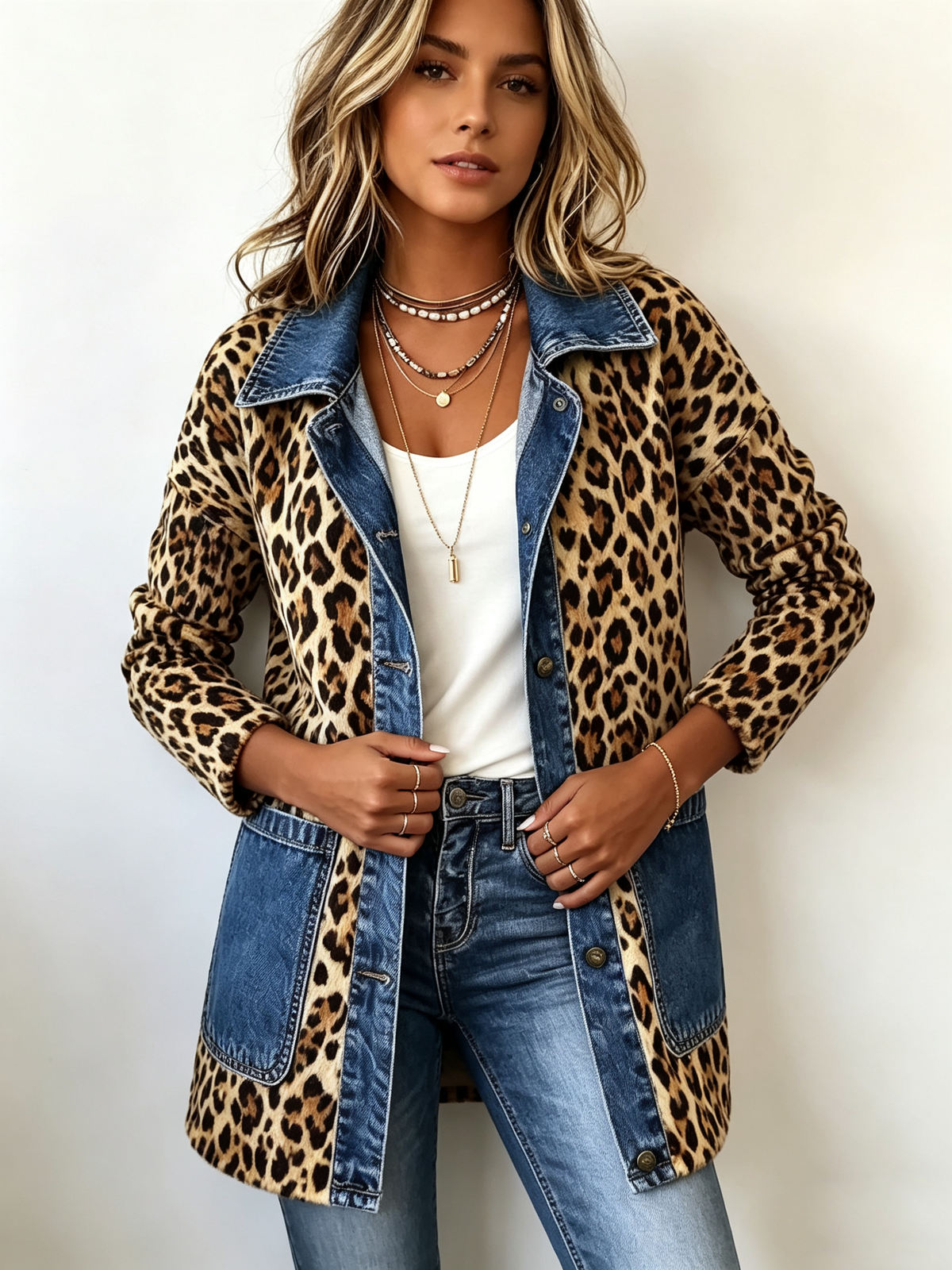 Fablenne | Giacca Lunga con Pannelli in Denim a Contrasto e Stampa Leopardata