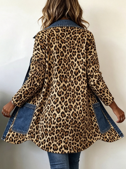Fablenne | Giacca Lunga con Pannelli in Denim a Contrasto e Stampa Leopardata