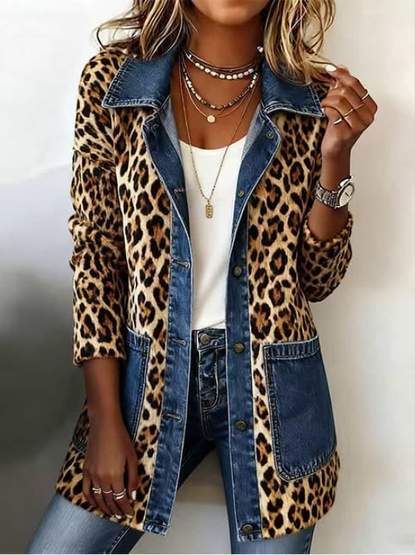 Fablenne | Giacca Lunga con Pannelli in Denim a Contrasto e Stampa Leopardata