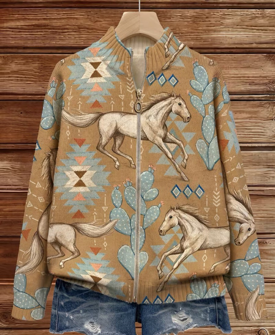 Perpetua | Cardigan con Zip a Cavalli del Deserto e Cactus