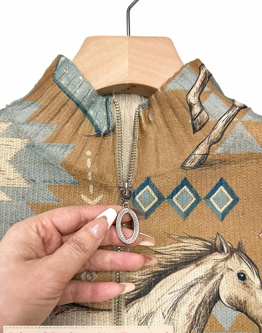 Perpetua | Cardigan con Zip a Cavalli del Deserto e Cactus