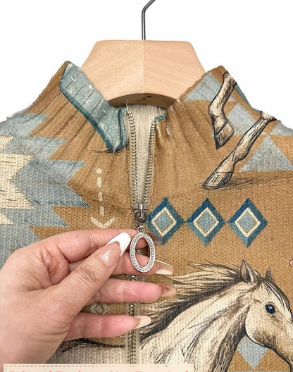Perpetua | Cardigan con Zip a Cavalli del Deserto e Cactus