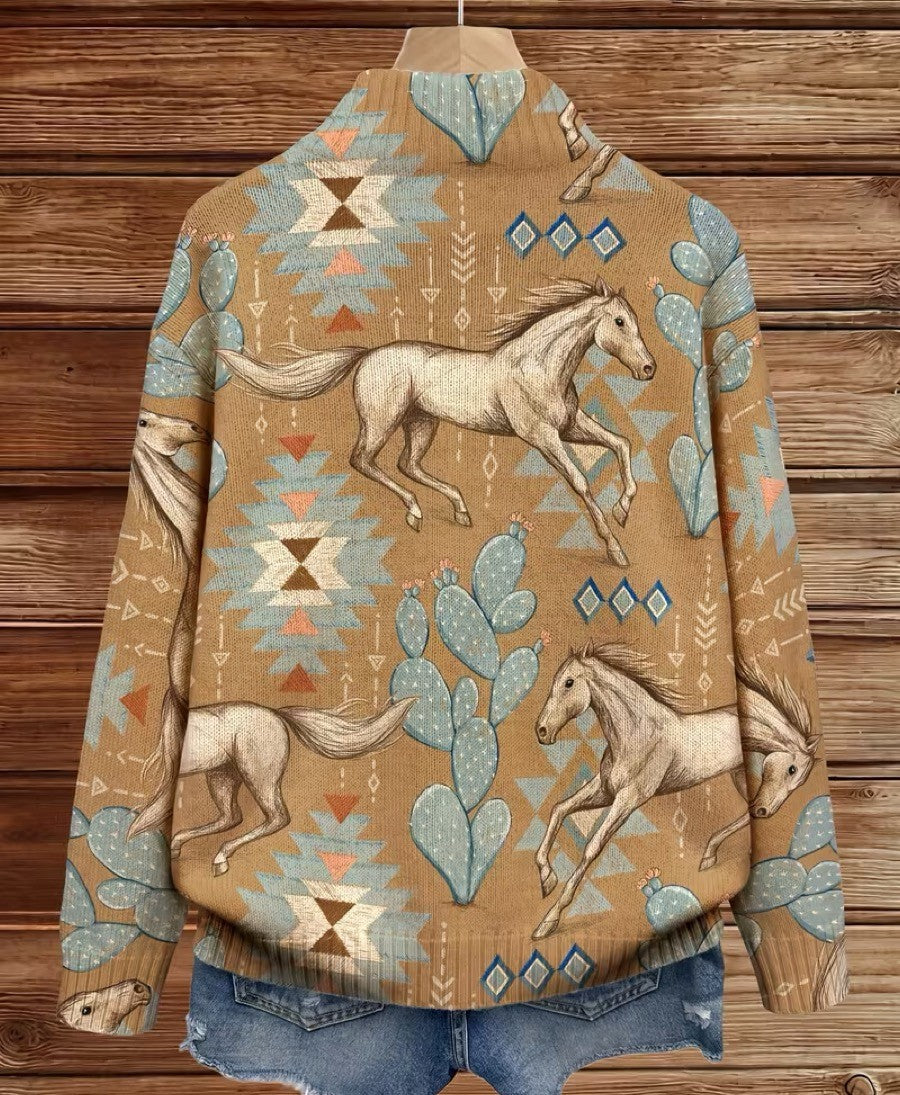 Perpetua | Cardigan con Zip a Cavalli del Deserto e Cactus
