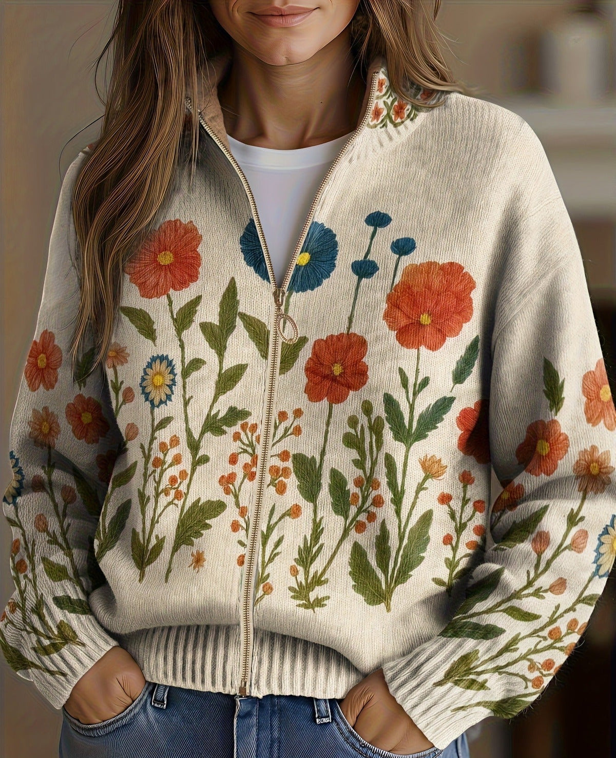 Wrenna | Cardigan con Zip a Prato di Fiori di Campo